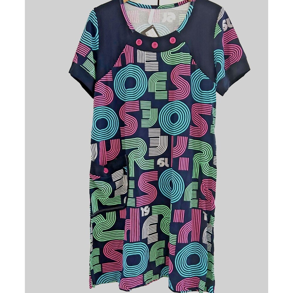 Womens 2XL Navy Blue Print Cotton Midi House Dress Short Sleeve Nightgown Cozy